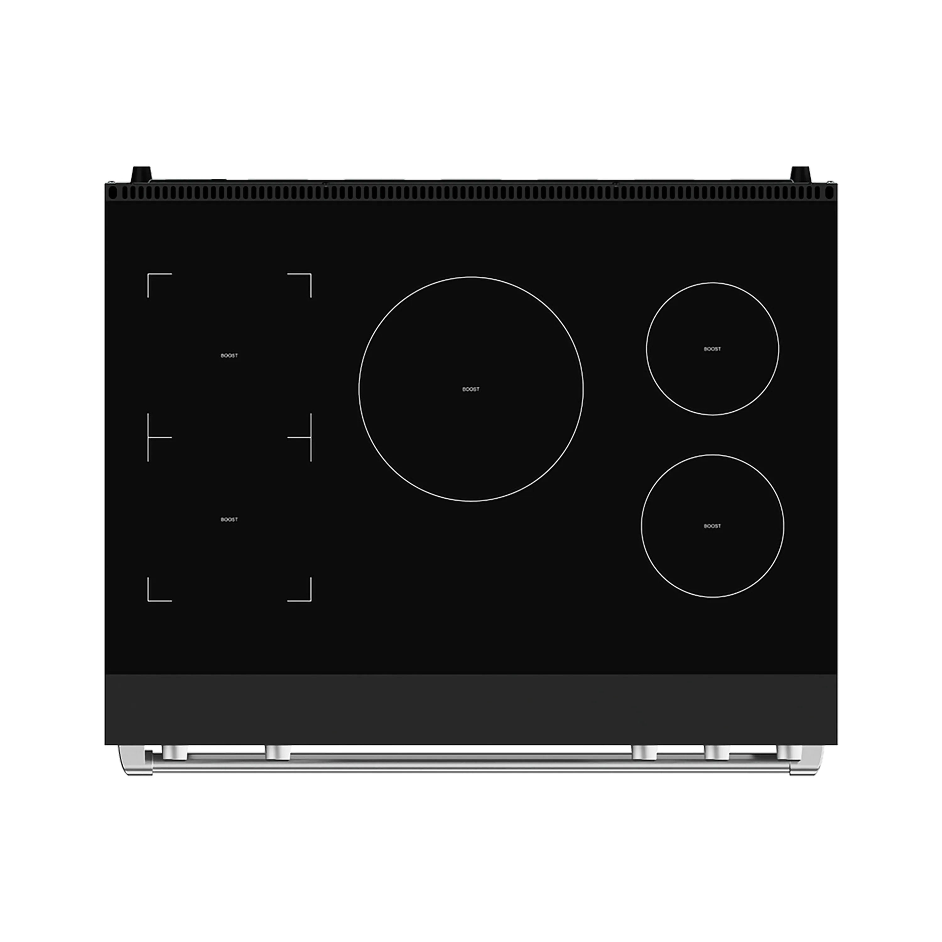 Black induction cooktop panel with burner circles and edge control layout, stainless feet