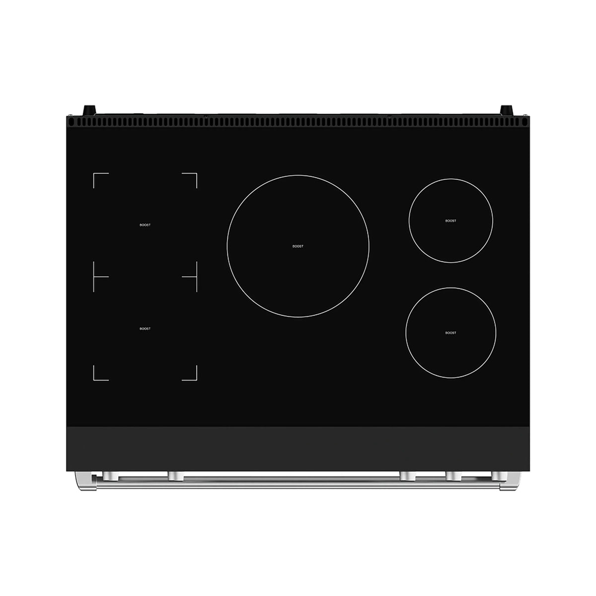 Black induction cooktop with five burner rings and minimal stainless edge controls