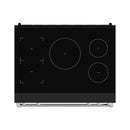 Black induction cooktop panel with burner circles and edge control layout, stainless feet