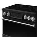 Black induction range front with illuminated display, round knobs, and stainless rail