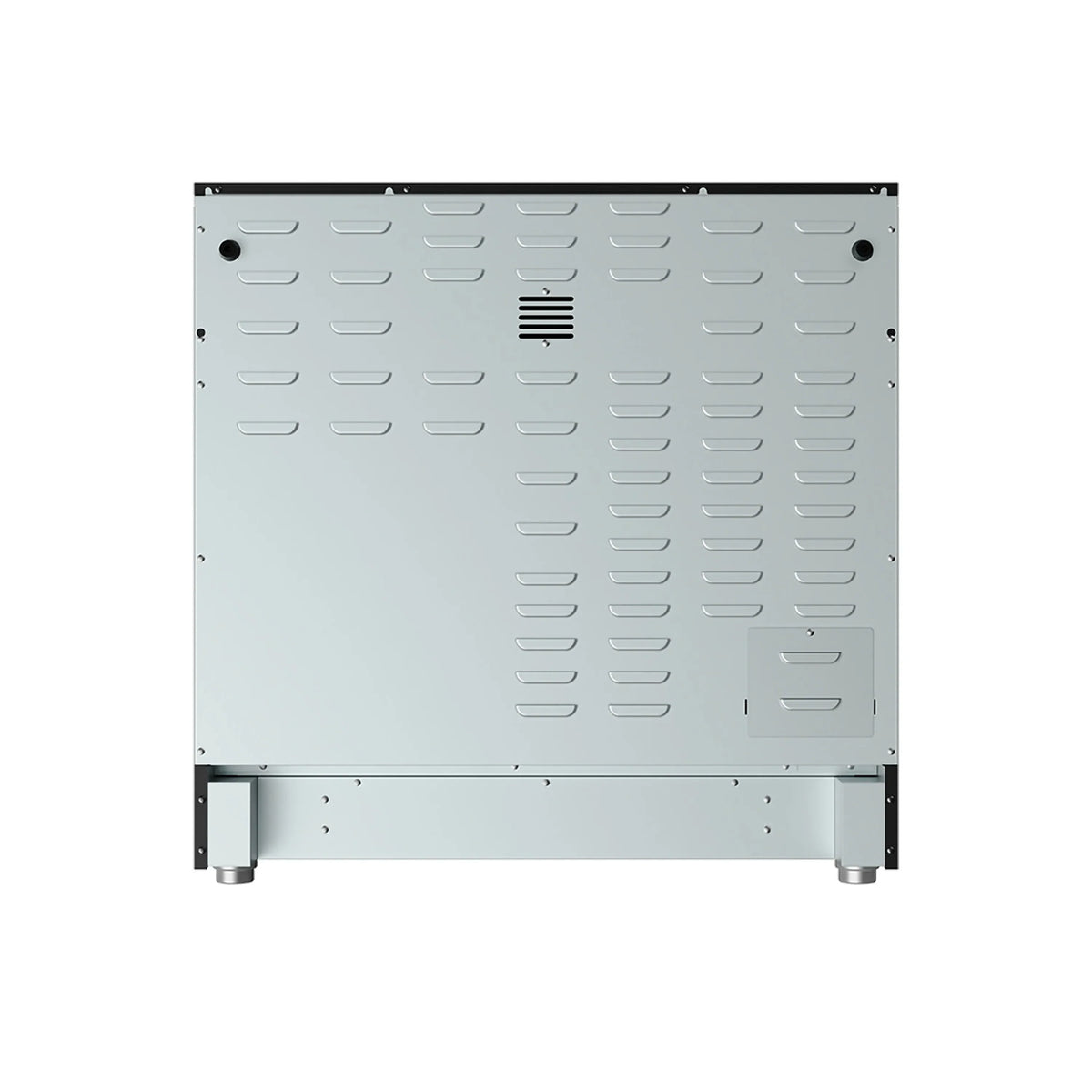 Light gray dishwasher back access panel with vented grille and mounting feet