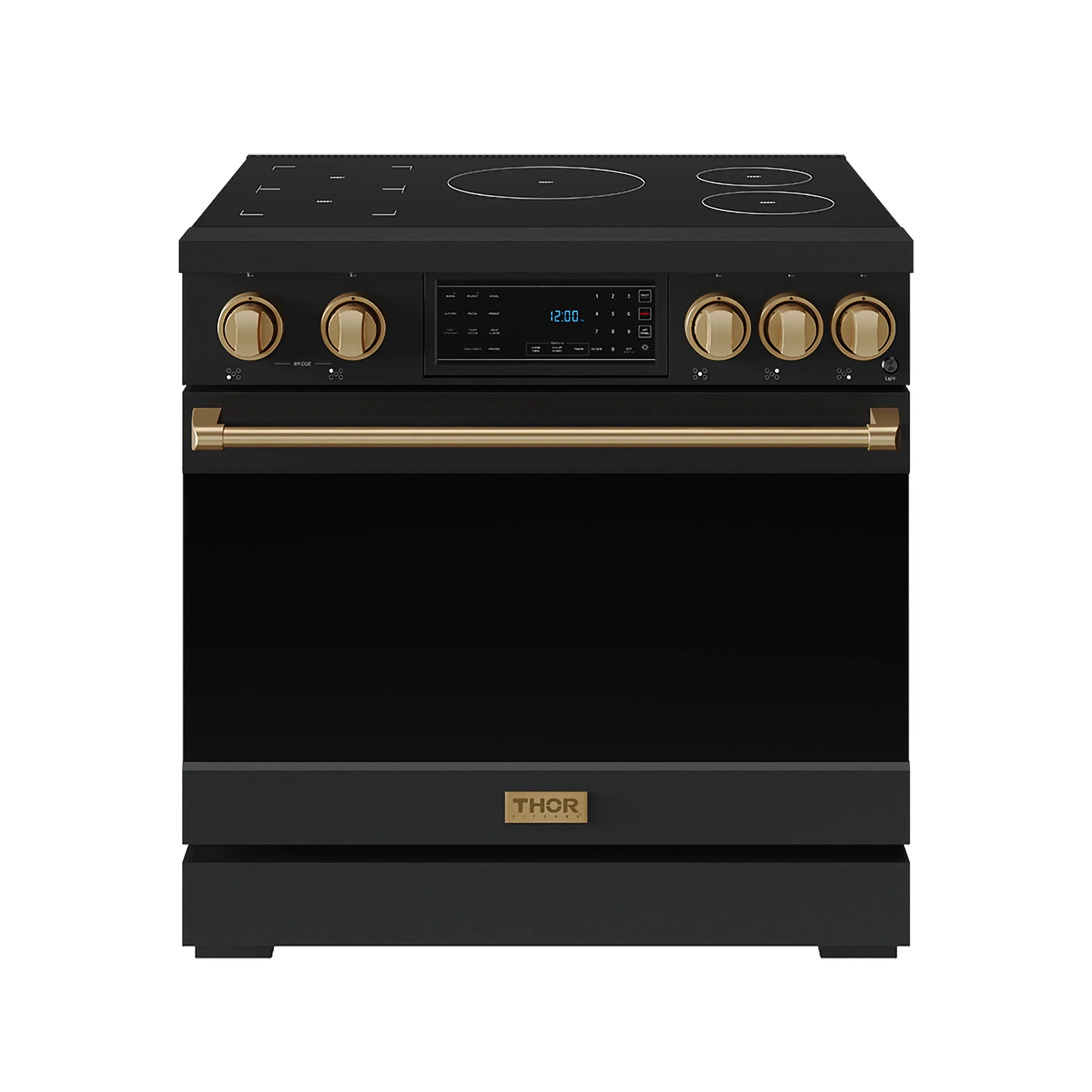 Black induction range with bronze trim and control knobs, flat cooktop