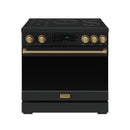 Black professional induction range with bronze trim, front controls, and tilt touch panel