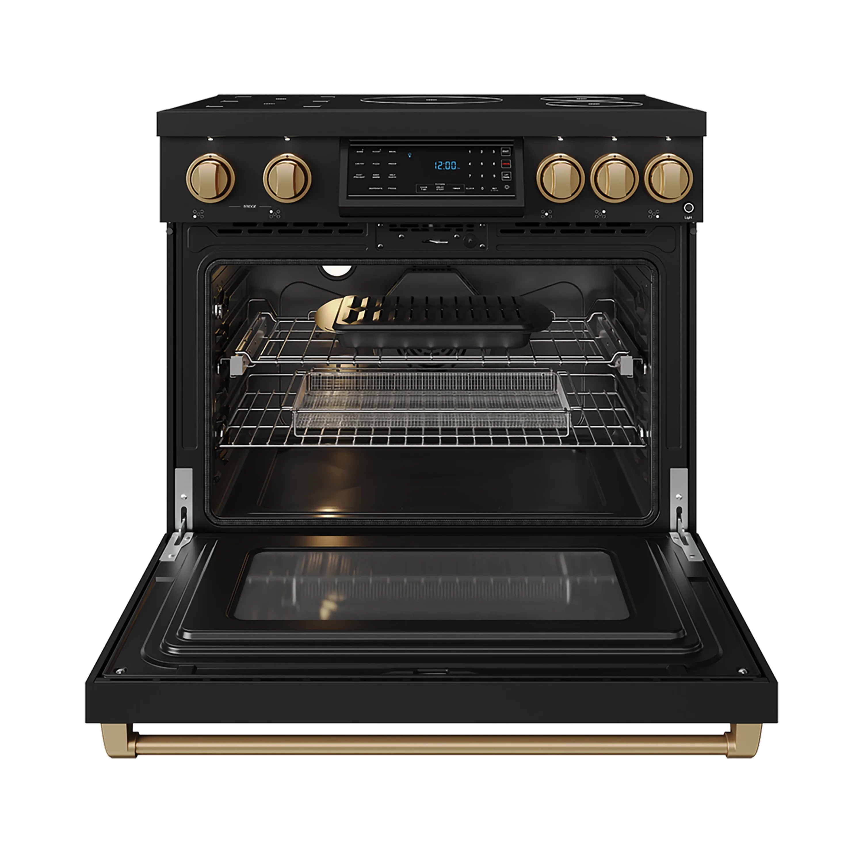 Black induction range with open oven door, interior racks, and bronze-accented control panel