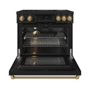 Black induction range with open oven door, interior racks, and bronze-accented control panel