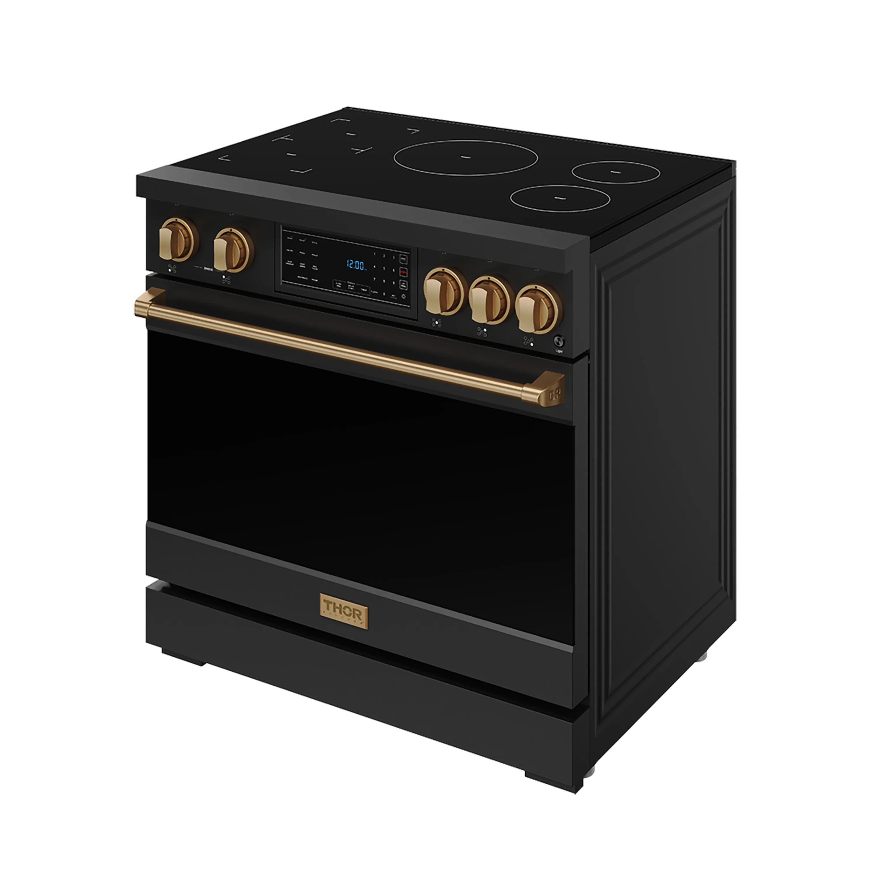 Black induction range side view with bronze handle, knobs, and tilt touch control panel
