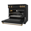 Black induction range with oven door open, interior racks visible, and bronze-trimmed handle