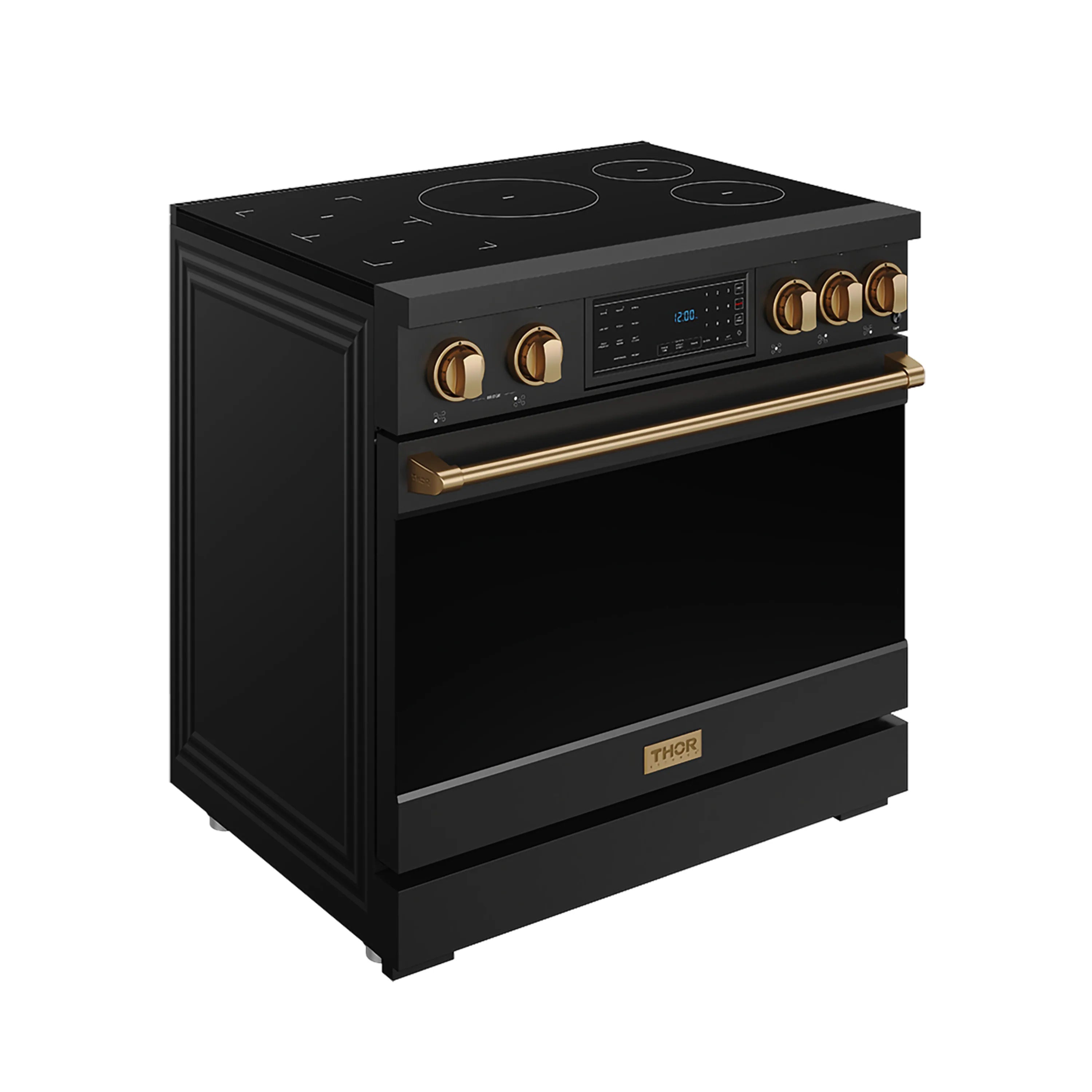 Black induction range with bronze handle, control panel, and ceramic cooktop with burner circles