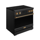 Black induction range with bronze handle, control panel, and ceramic cooktop with burner circles