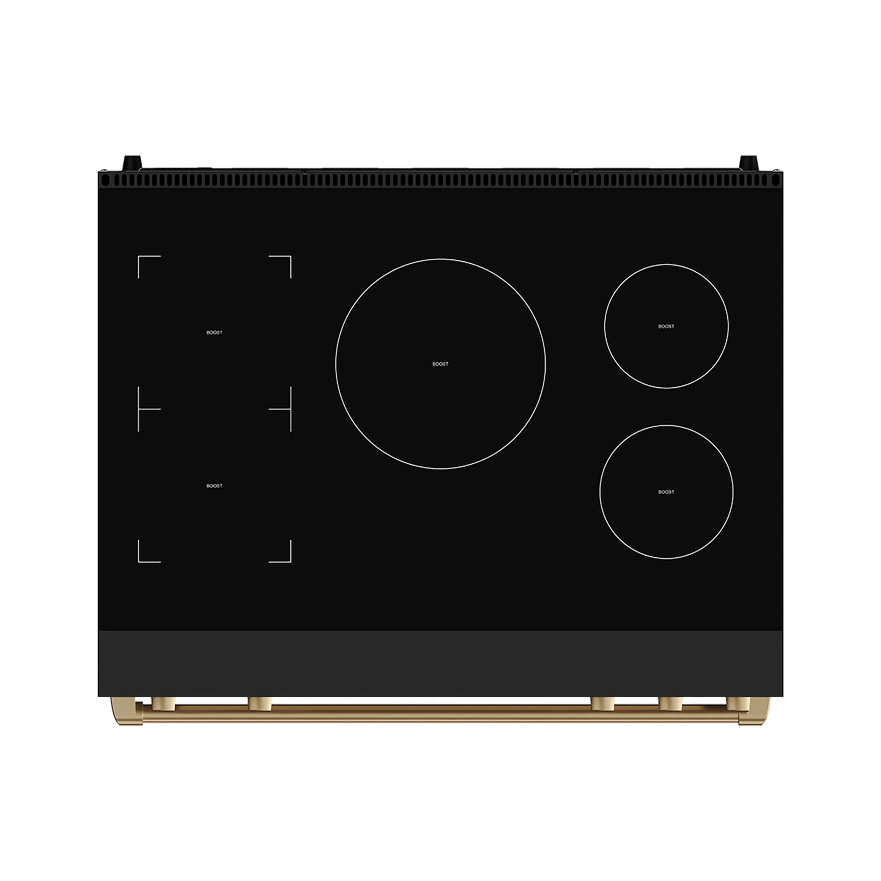 Black induction cooktop top view with four burner circles and bronze base trim