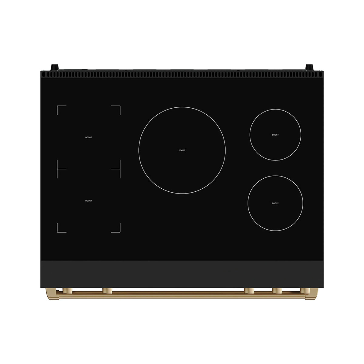 Black induction range cooktop with circular burner zones and touch controls, bronze trim feet