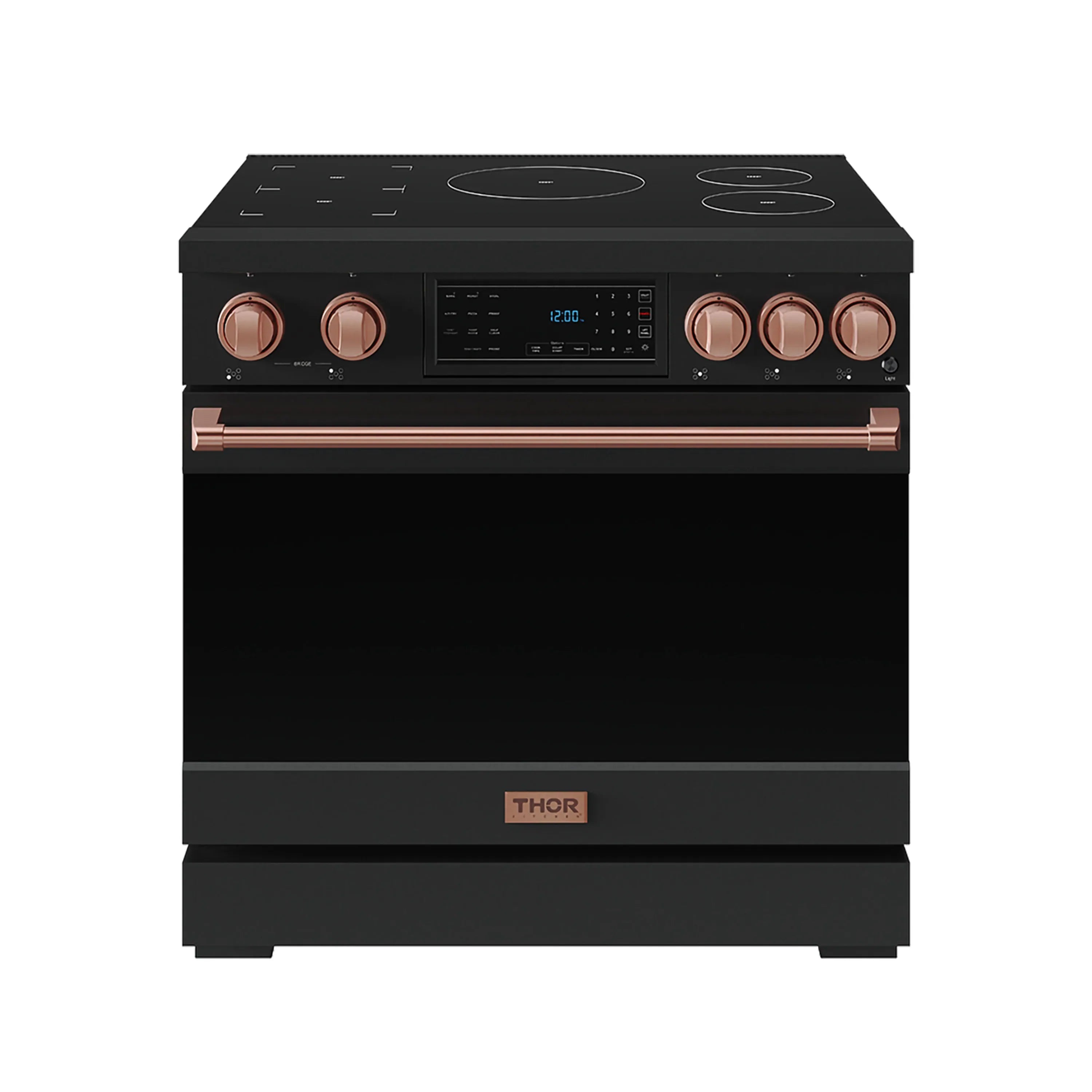 Black induction range with rose gold control knobs and front handle trim