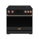 Black 36-inch induction range with rose gold knobs, tilt touch control, and four burners.