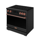 Black induction range angled view with rose gold control knobs and copper-toned handle bar.