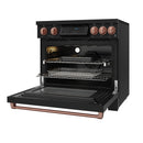 Black induction range with oven door open, interior racks visible, and rose gold trim; copper handle.