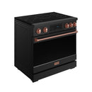 Black 36-inch induction range with rose gold knobs and central tilt control panel; copper handle.