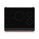 Black induction cooktop with four burner circles and control markings; rose gold trim along base.
