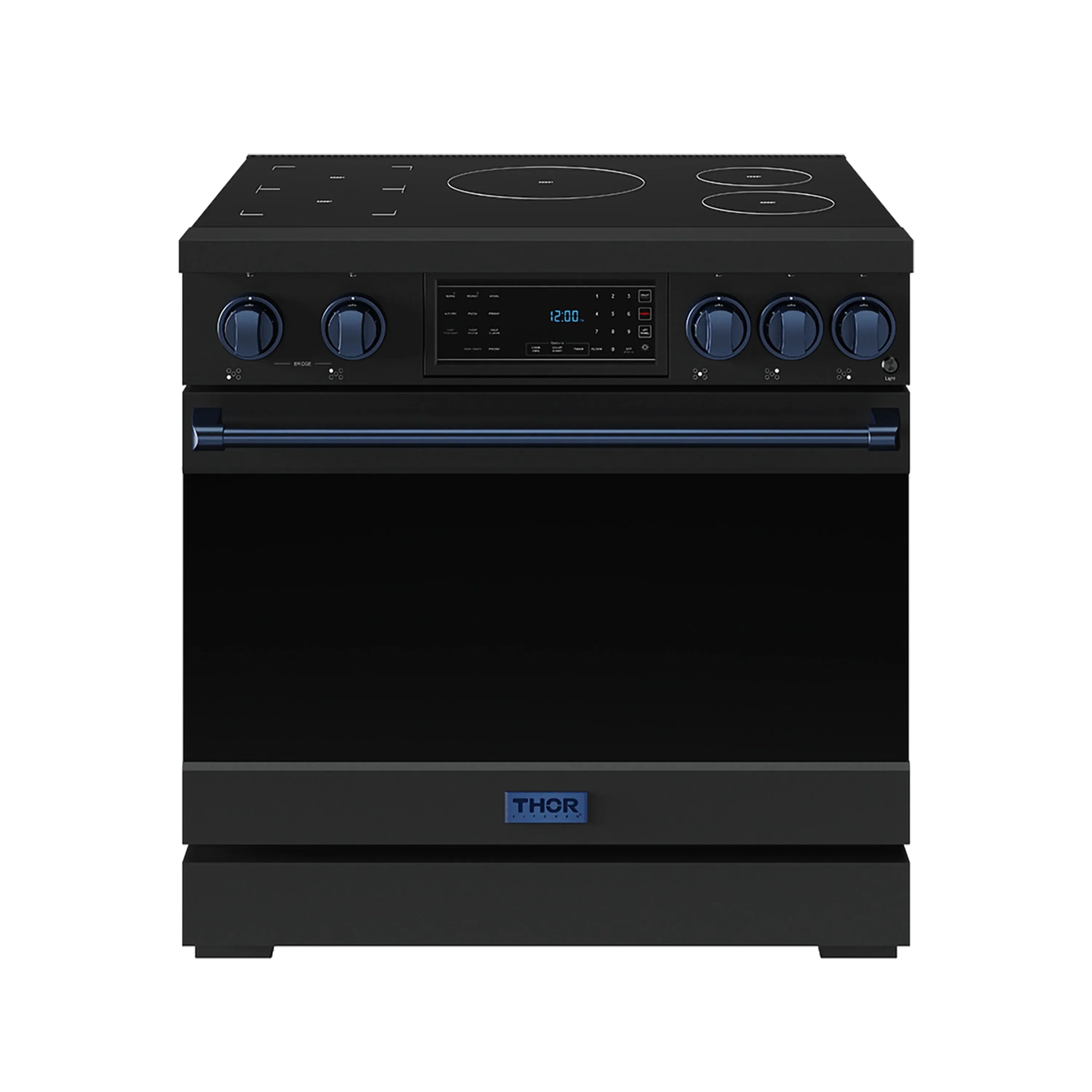 Black induction range with blue control knobs and digital display, front view