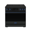 Black 36-inch induction range with blue trim, tilt touch controls, and five-zone cooktop