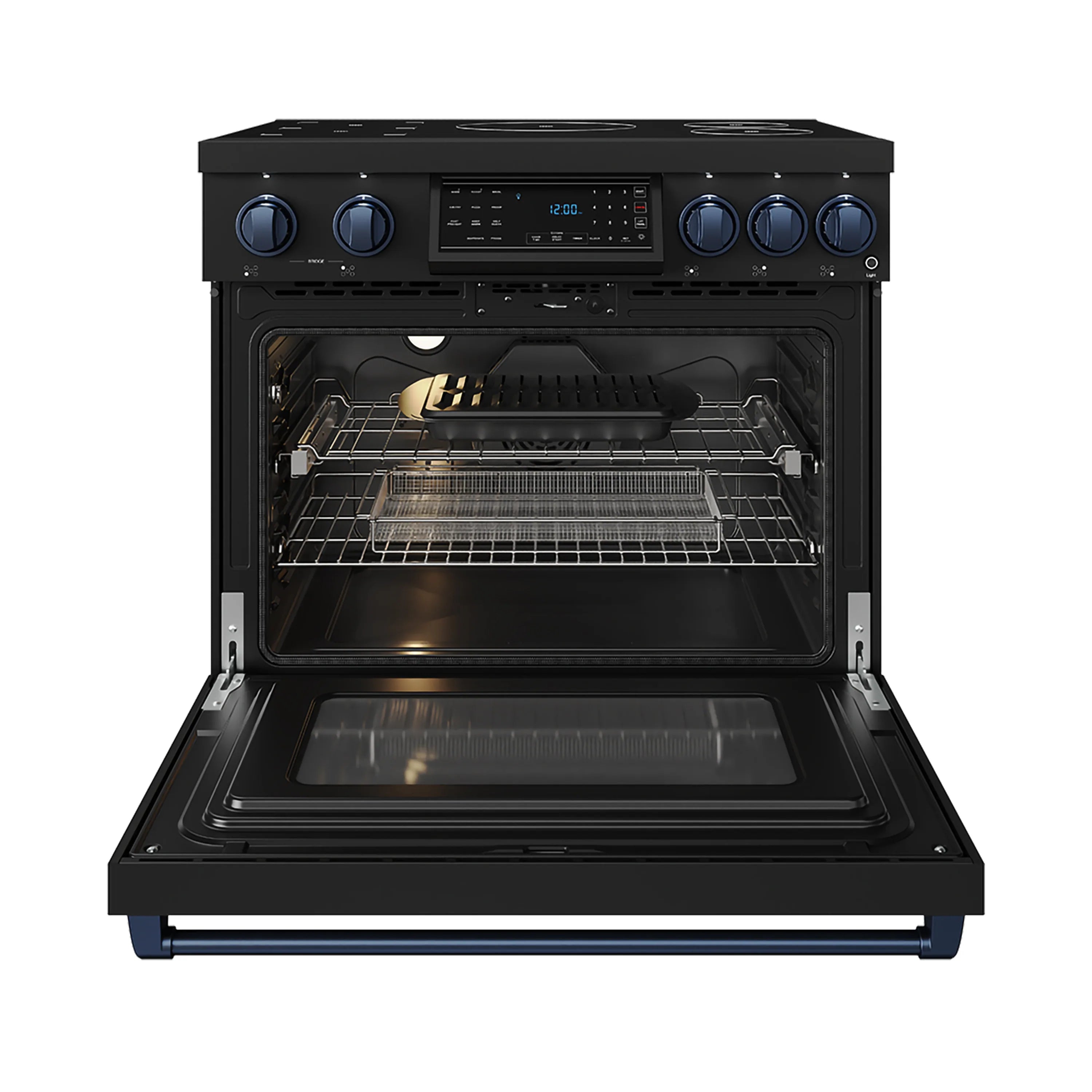 Black induction range with blue-trim control panel and open oven door, racks inside