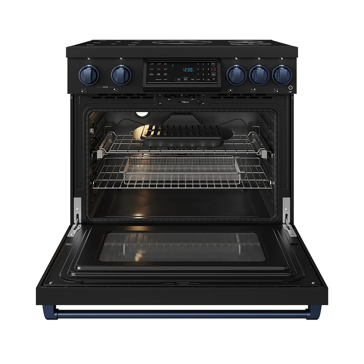 Black induction oven door open with oven racks and baking surface, blue trim edge