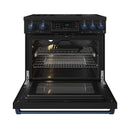 Black induction range with blue-trim control panel and open oven door, racks inside