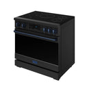 Black 36-inch induction range with blue trim, tilt touch controls, and front knobs