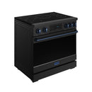 Black induction range with blue-trim handle, tilt touch control panel and control knobs