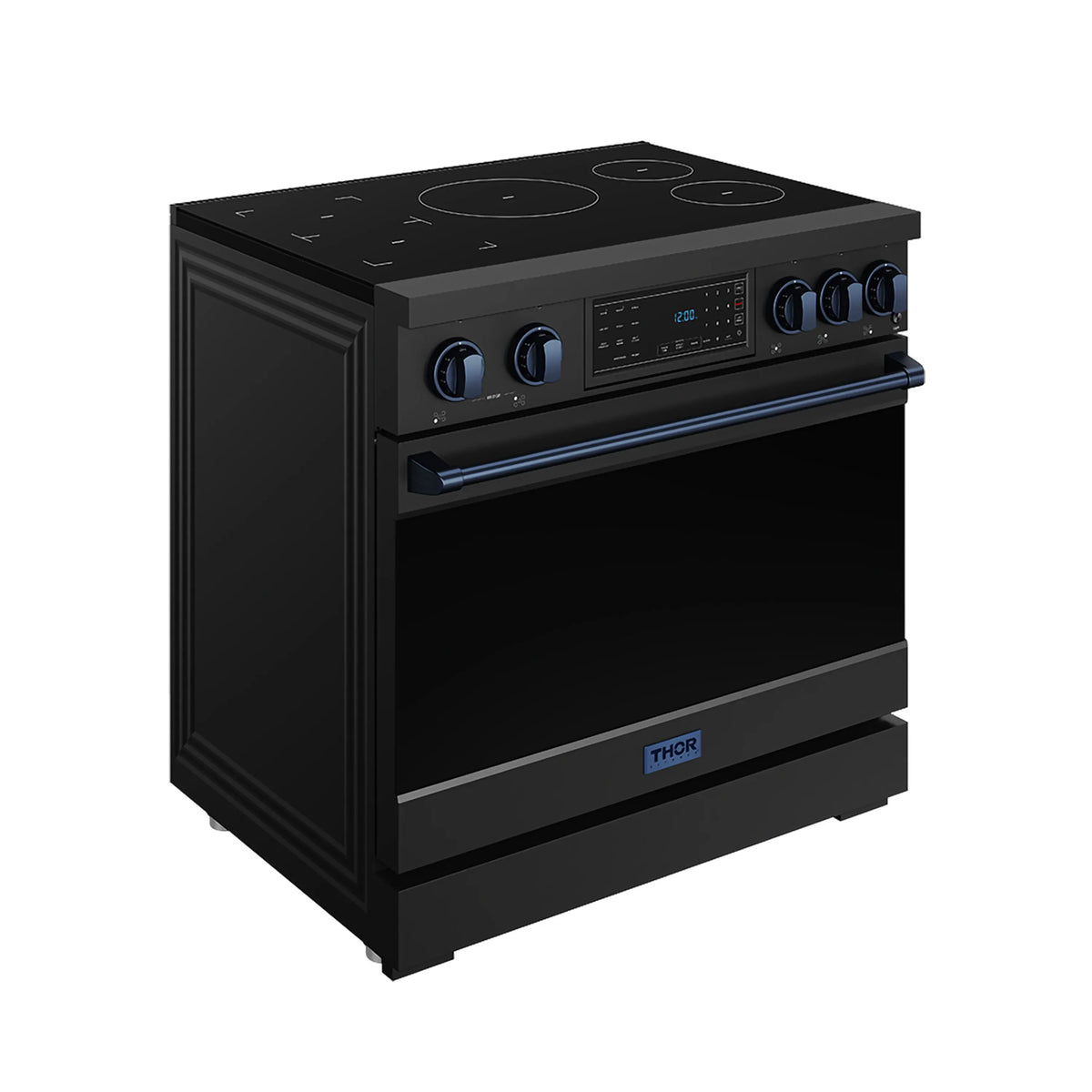 Black Thor induction range with blue trim, angled front view with blue control bar