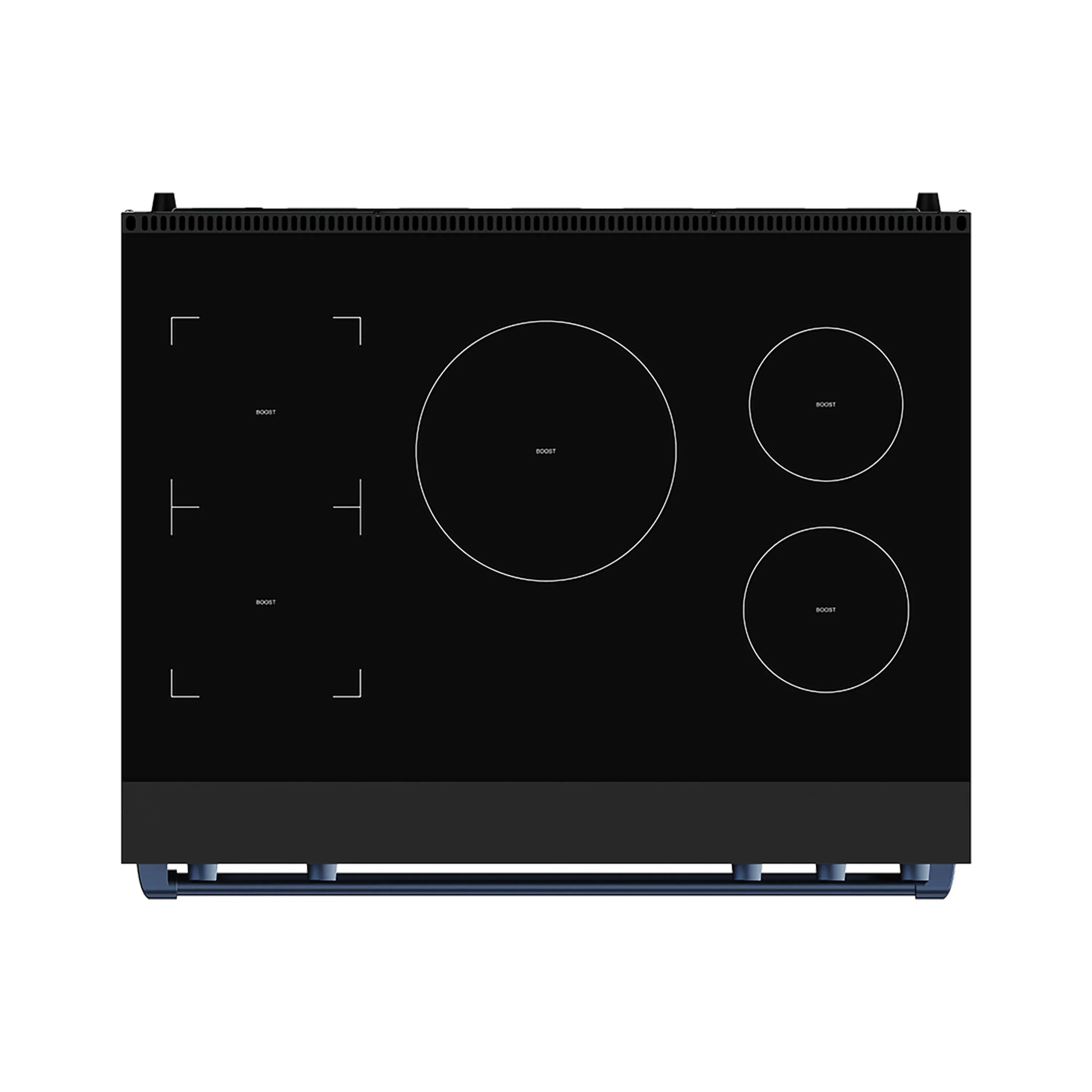 Black induction cooktop with five burner zones and touch control panel, blue trim base