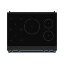 Black induction cooktop with five burner zones and touch control panel, blue trim base