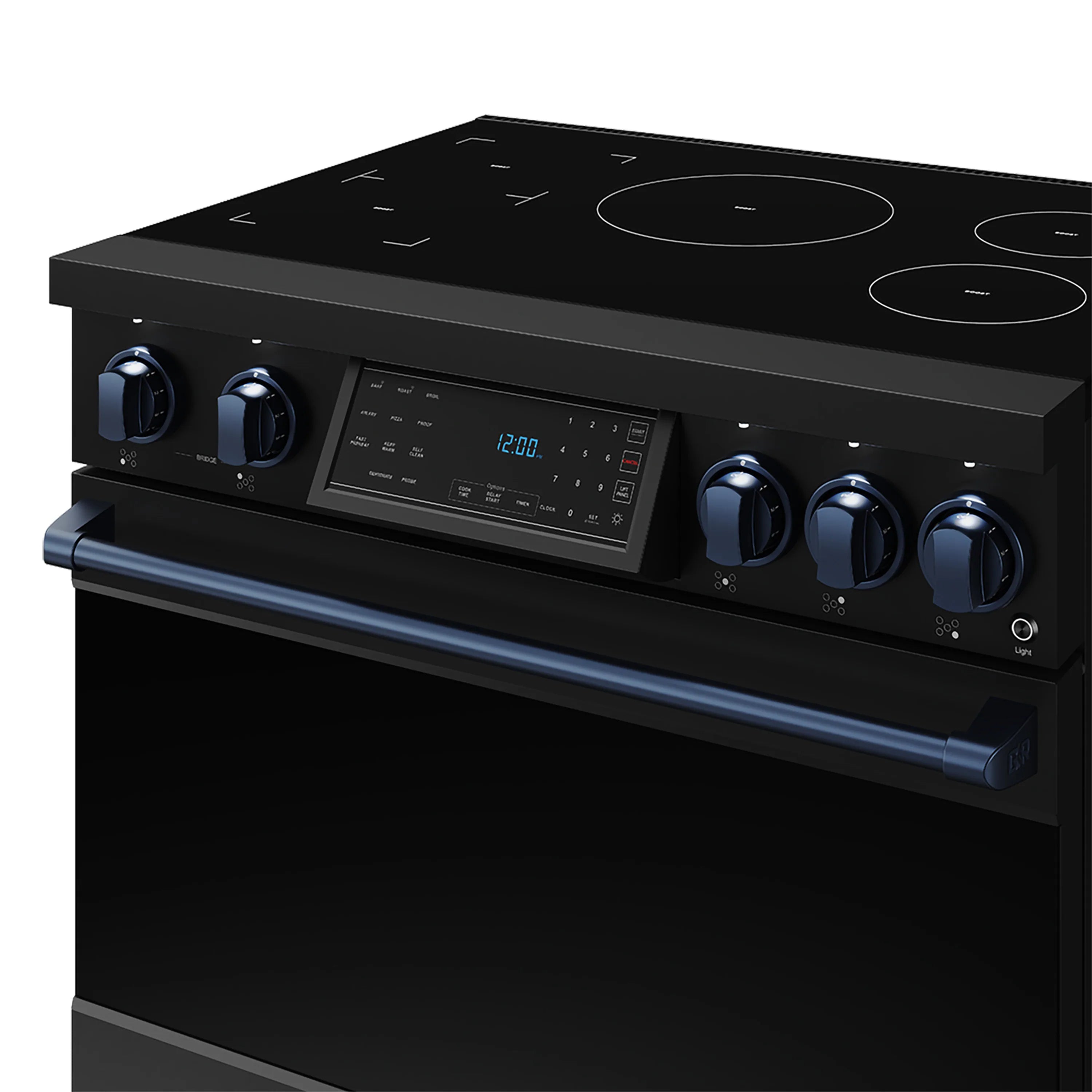 Black induction range control panel with blue display, blue knobs, and cooktop zones
