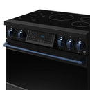 Black induction range control panel with blue display, blue knobs, and cooktop zones
