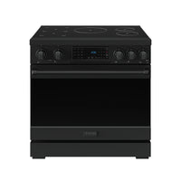 Black 36-inch induction range front view with touch controls and four cooktop knobs