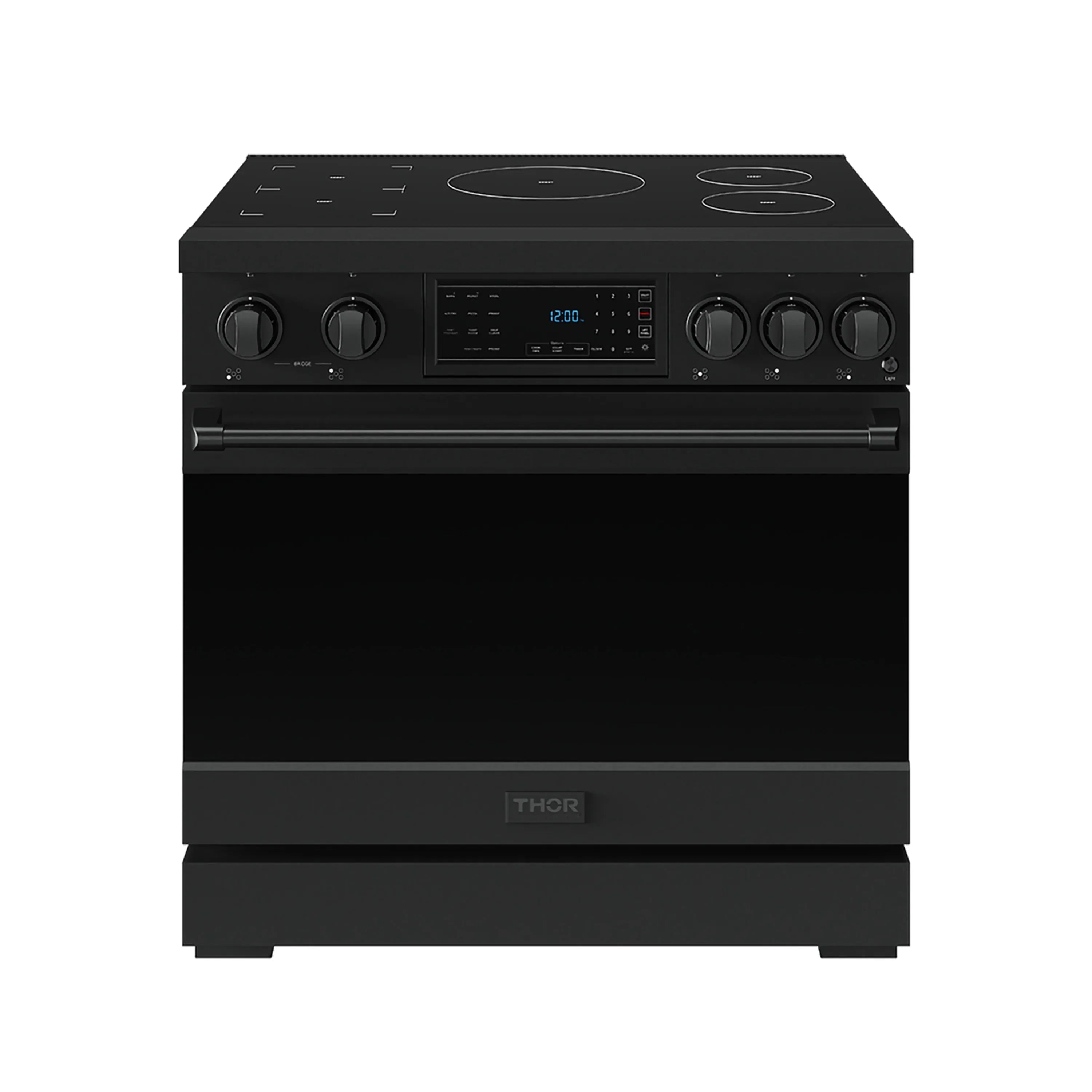 Black induction range front view with control display and four cooktop circles