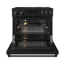 Black induction range oven cavity with upper broil area, racks, and door opened