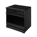 Black 36-inch professional induction range with tilt panel touch controls and oven door