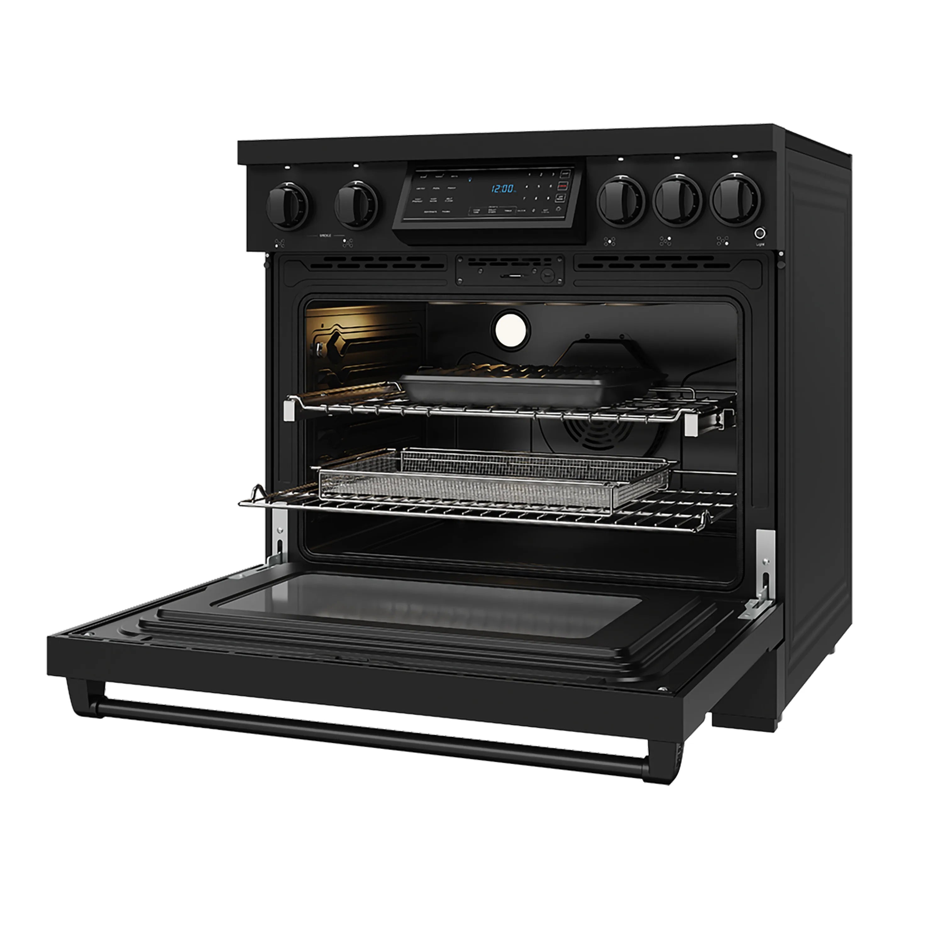 Black induction range with open oven door, racks, and broiler-style heating element