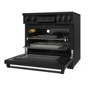 Black induction range with open oven door, racks, and broiler-style heating element