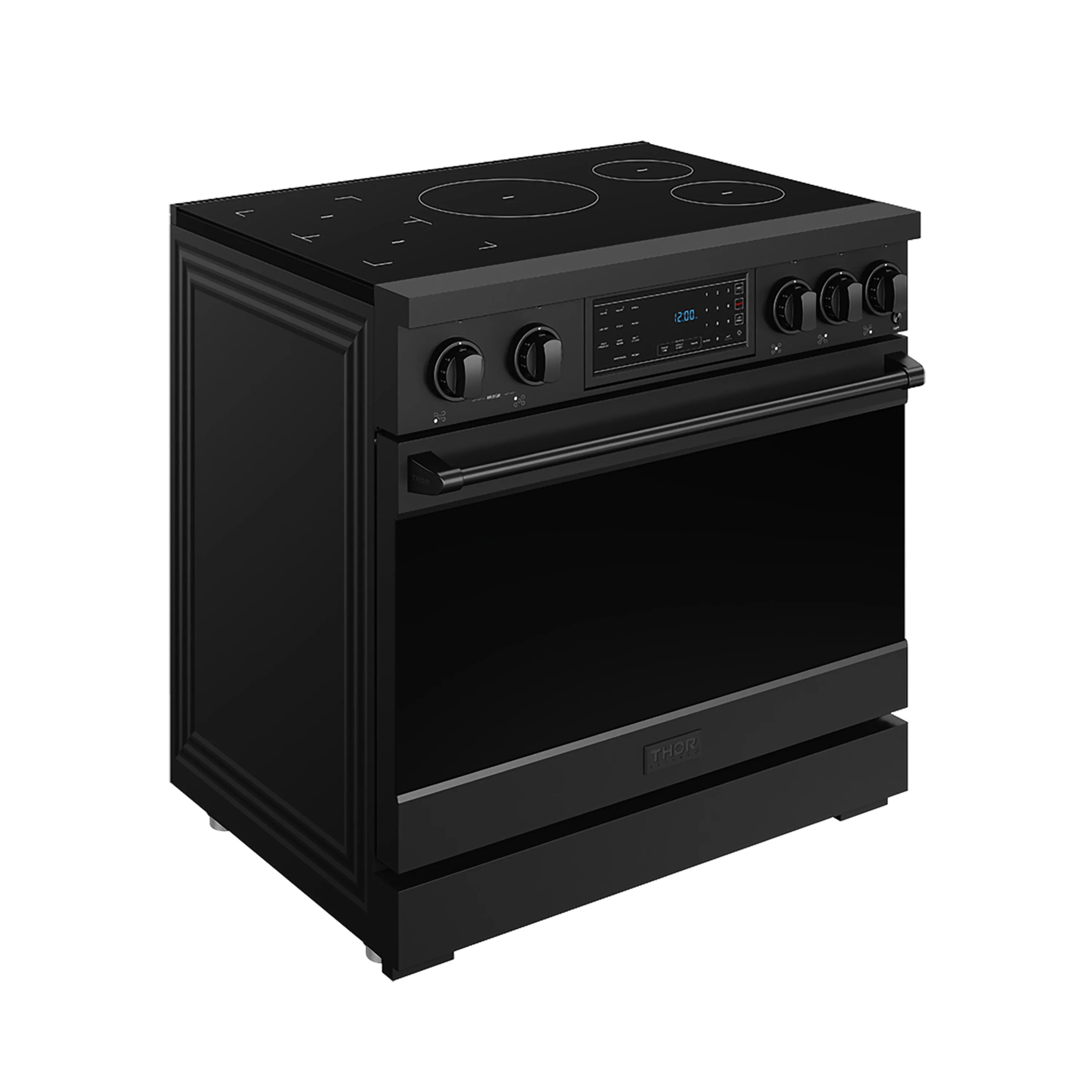Black induction range with control panel, knobs, and glossy cooktop elements