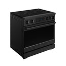 Black induction range with control panel, knobs, and glossy cooktop elements