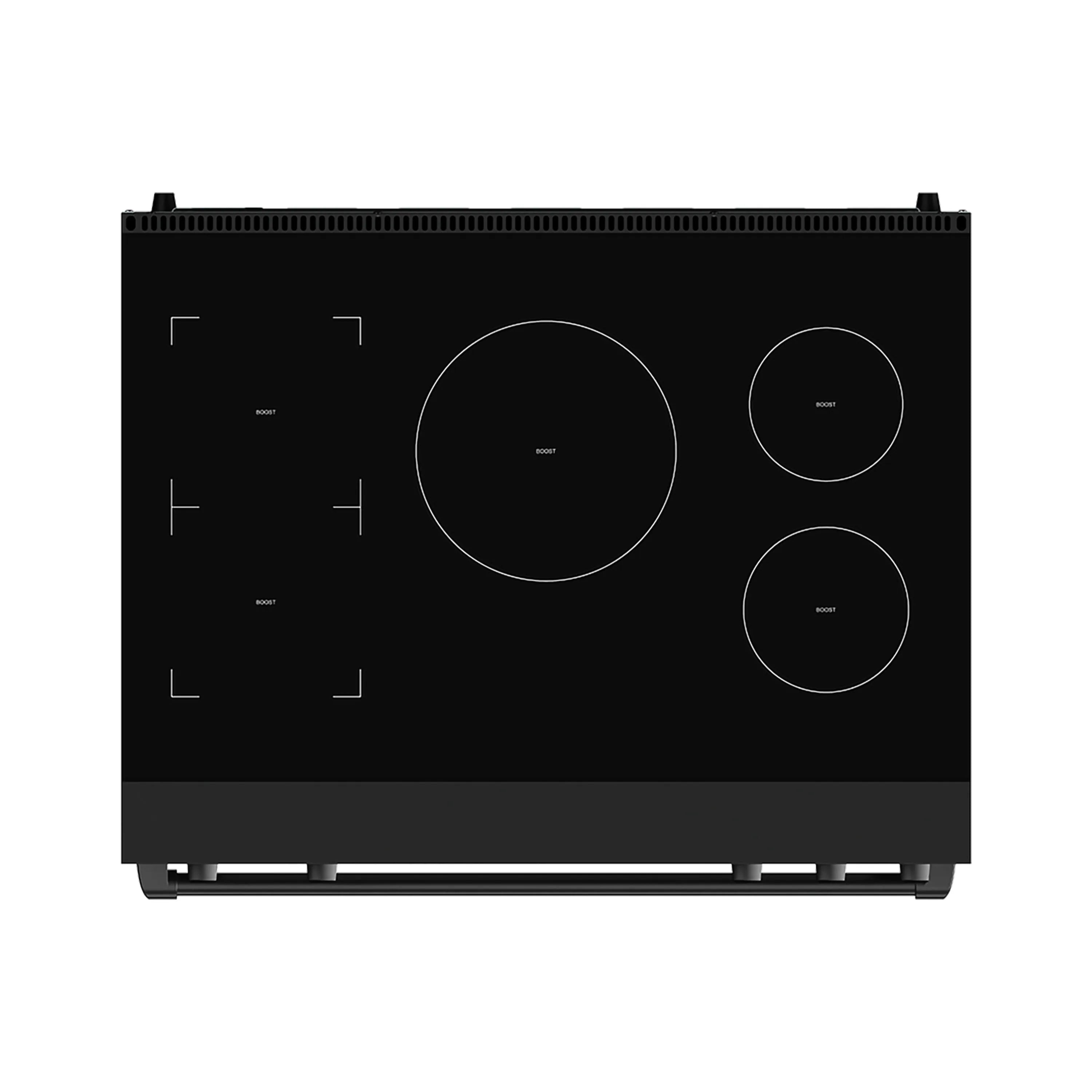 Black induction cooktop top view with five circular burner zones and control graphics