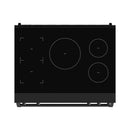 Black induction cooktop top view with five circular burner zones and control graphics