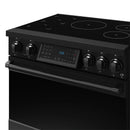 Black induction range front control panel close-up with touch display and burner marks