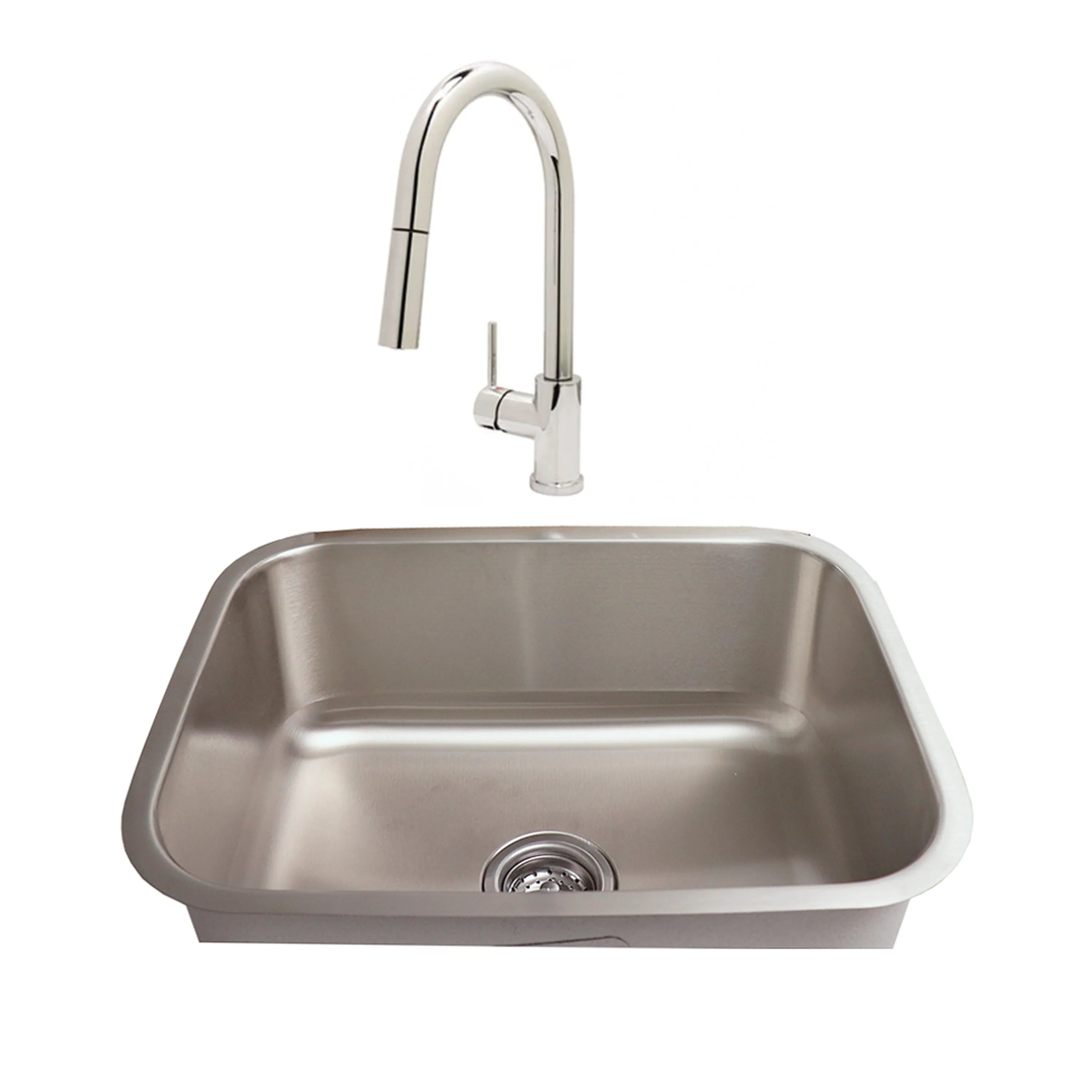 Stainless steel undermount sink with centered drain and curved faucet