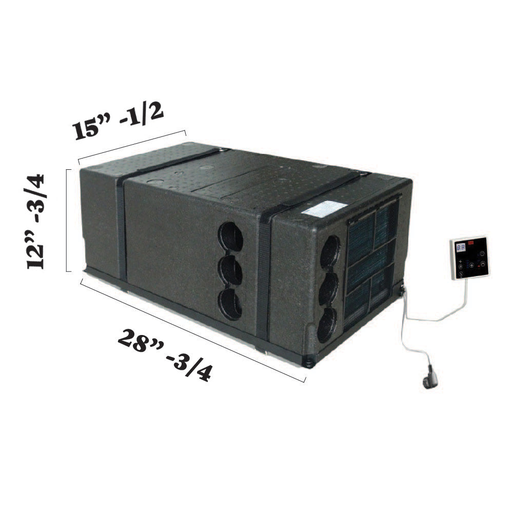 Black under-bench RV inverter heat pump air conditioner with remote and power cable
