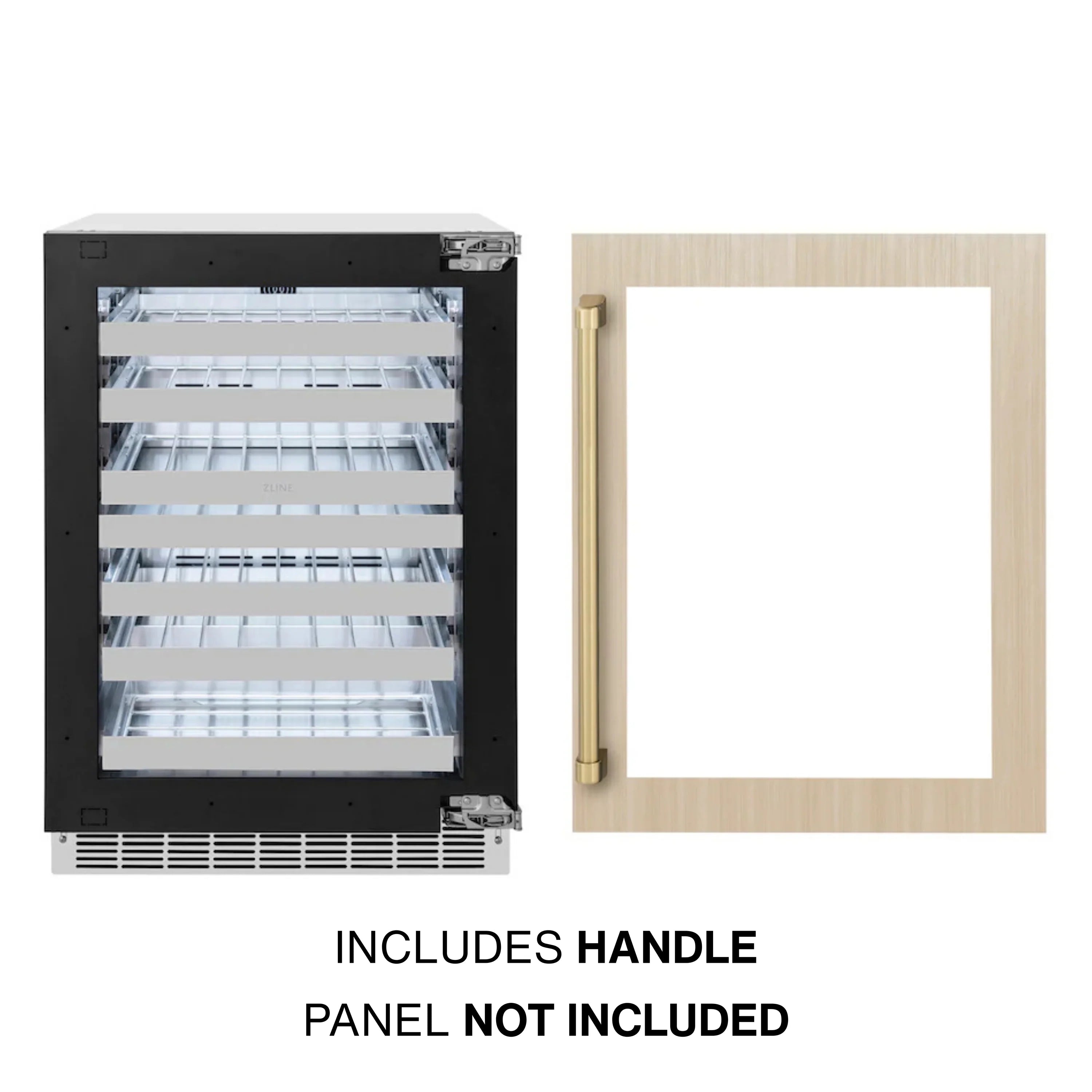 Panel-ready dual-zone wine cooler with champagne bronze handle and empty panel insert area