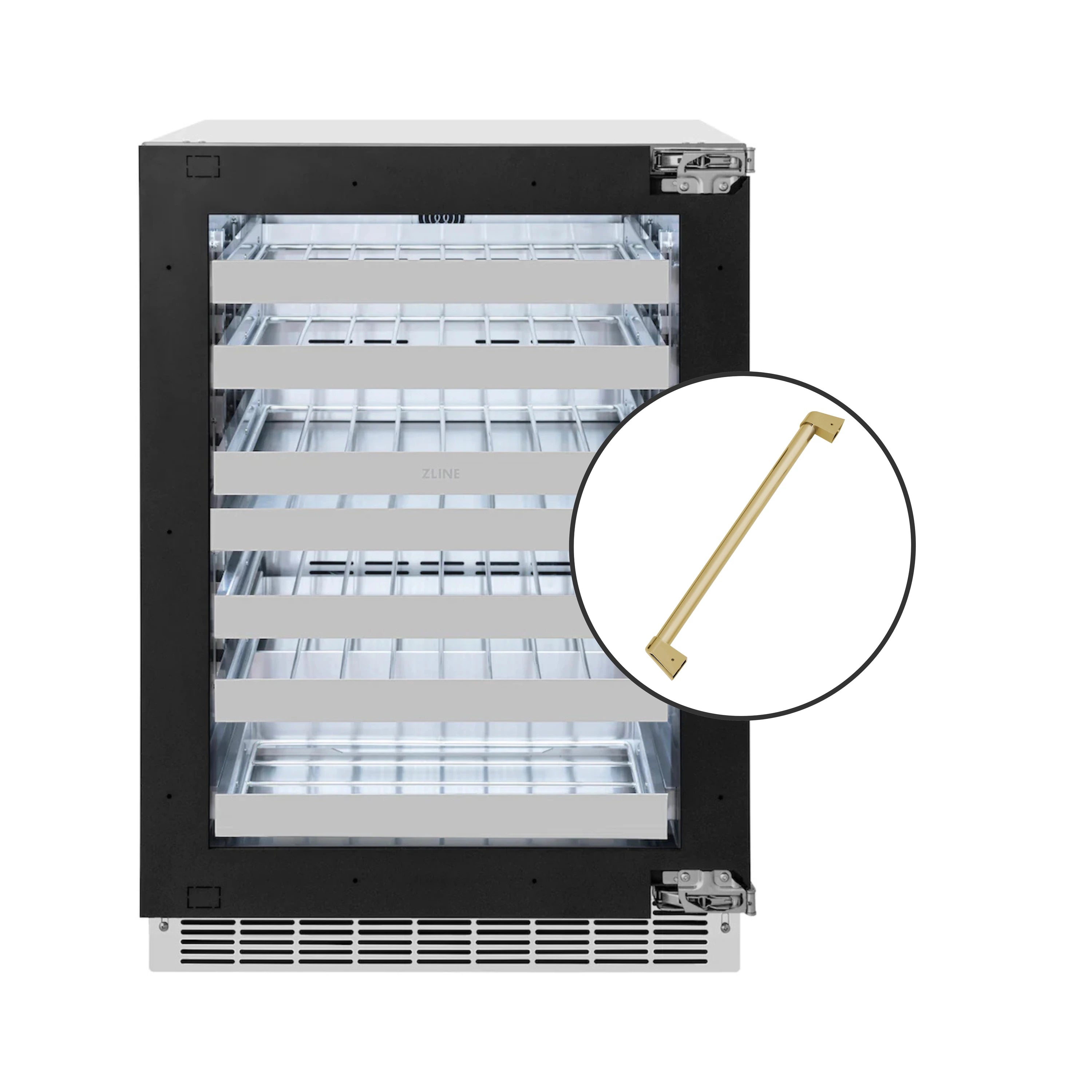 Dual-zone wine cooler with champagne bronze handle and clear glass front door