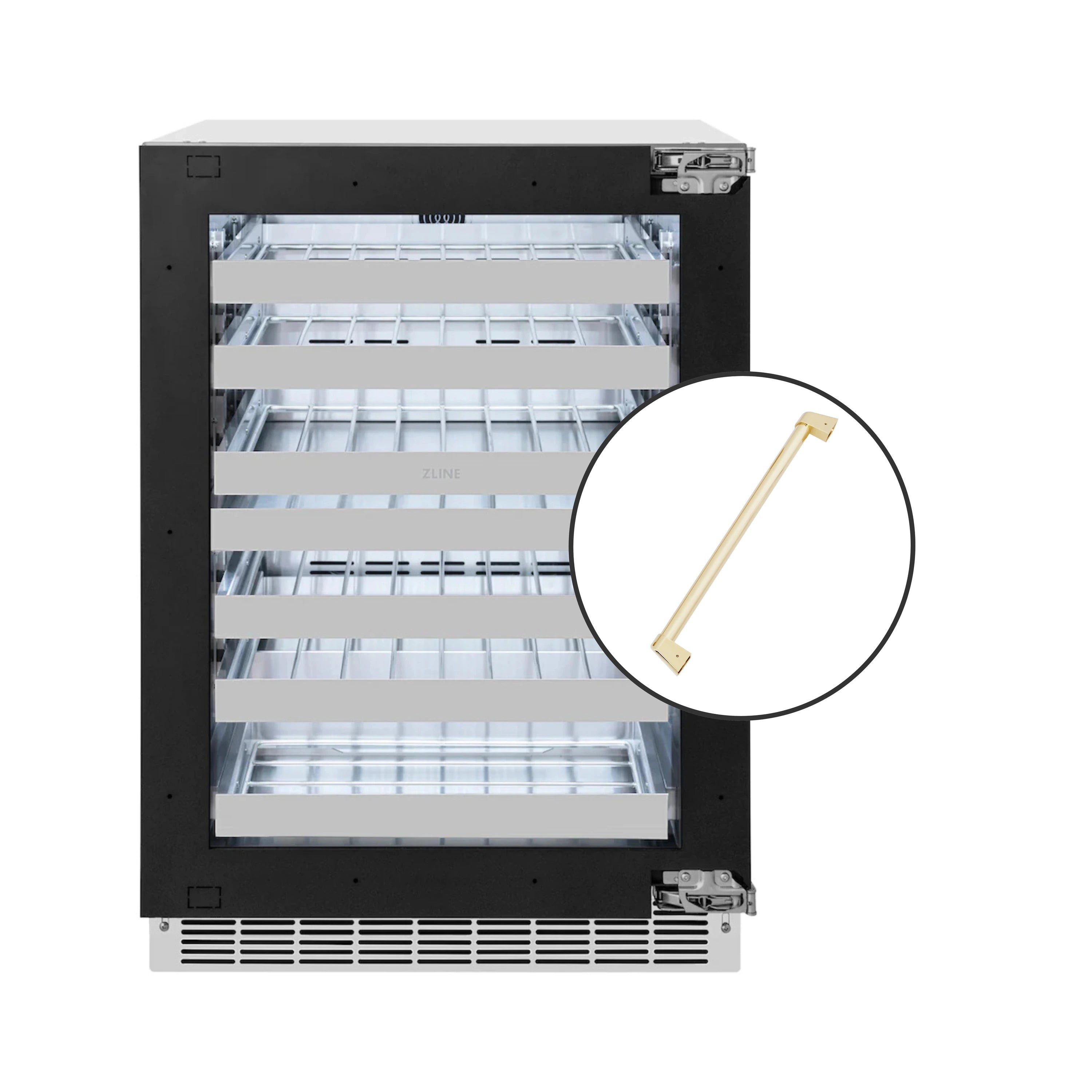 Dual-zone wine cooler with open glass door and gold handle detail, front view