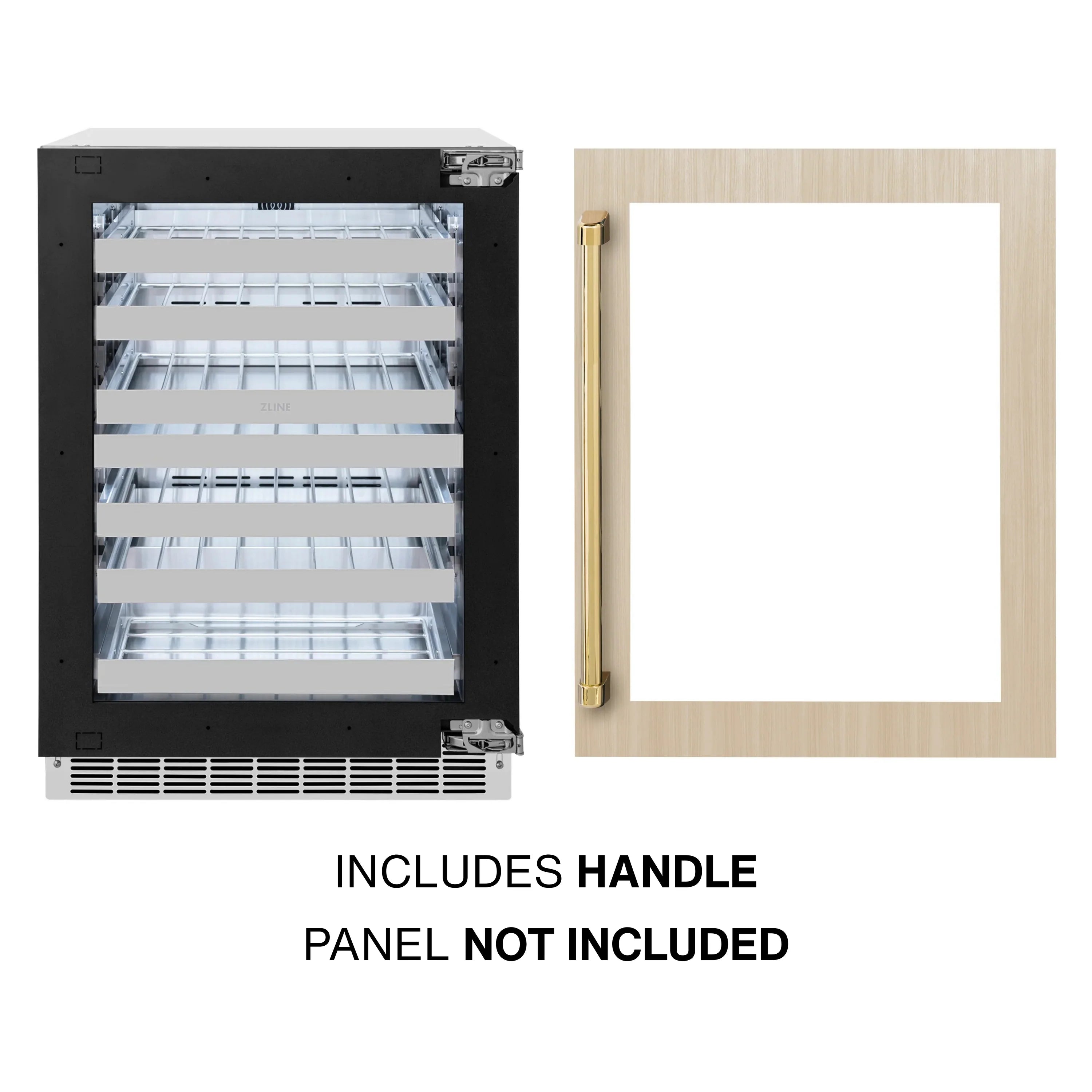 Panel-ready dual-zone wine cooler with open glass door and gold handle, front view